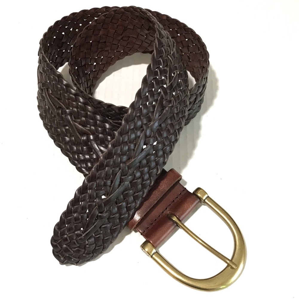 CHAPS BROWN WIDE WOVEN/BRAIDED STRAP LEATHER BELT BRASS HORSESHOE BUCKLE Sz-S
